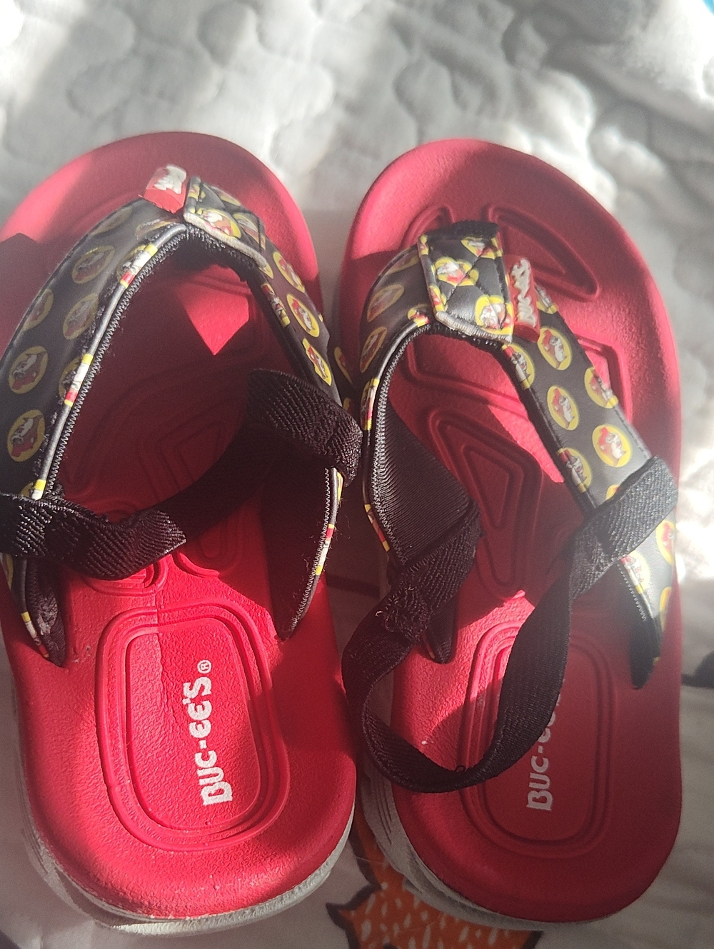 Kids Red Slide Sandals with Patterned Black Straps